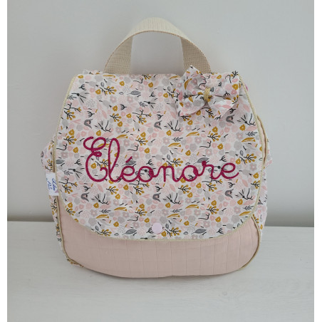 Sac à dos pour entrée en maternelle / crèche personnalisé, coton floral rose et or