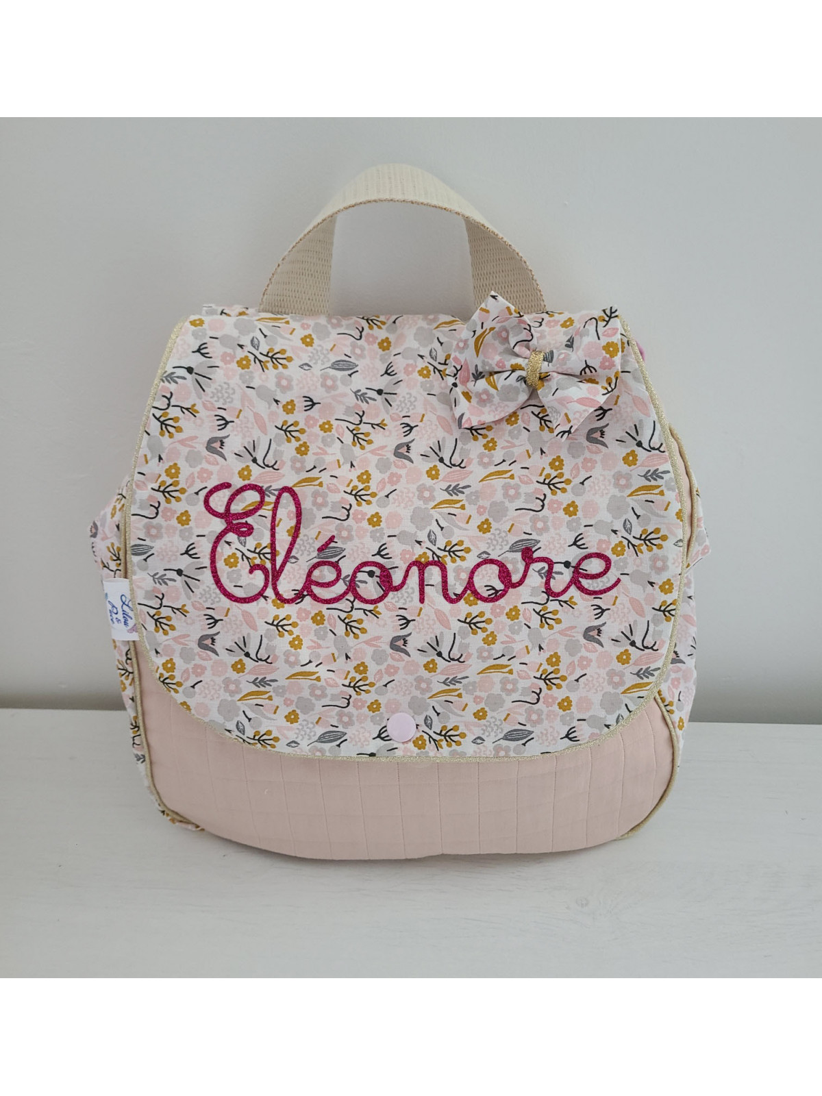 Sac à dos pour entrée en maternelle / crèche personnalisé, coton floral rose et or