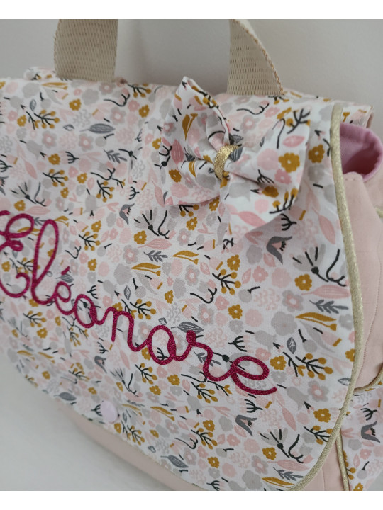Sac à dos pour entrée en maternelle / crèche personnalisé, coton floral rose et or