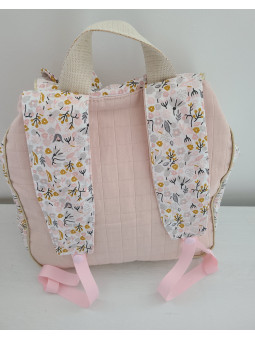 Sac à dos pour entrée en maternelle / crèche personnalisé, coton floral rose et or