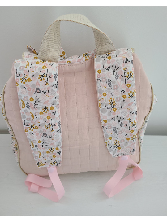 Sac à dos pour entrée en maternelle / crèche personnalisé, coton floral rose et or