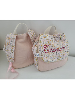 Sac à dos pour entrée en maternelle / crèche personnalisé, coton floral rose et or
