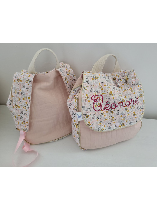 Sac à dos pour entrée en maternelle / crèche personnalisé, coton floral rose et or