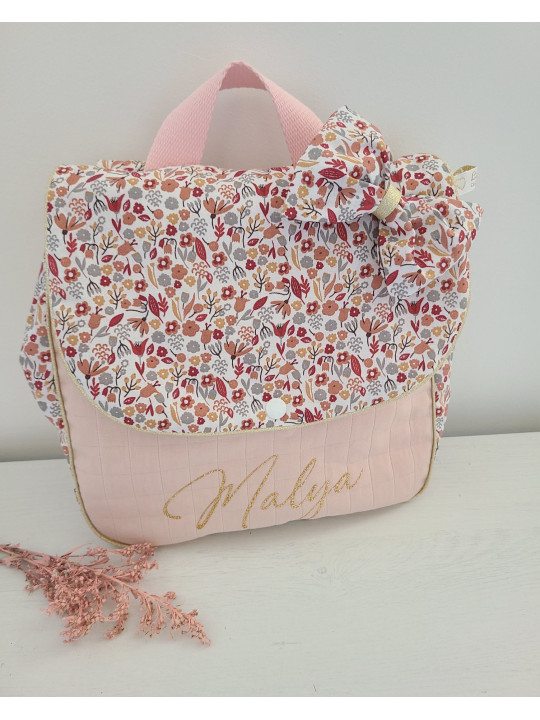 Sac à dos pour entrée en maternelle / crèche personnalisé, coton floral rose et or
