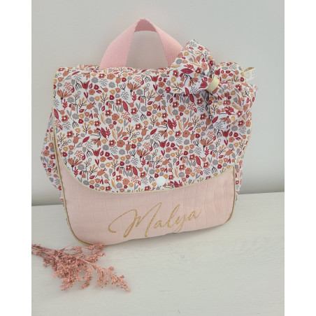 Sac à dos pour entrée en maternelle / crèche personnalisé, coton floral rose et or