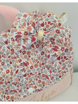 Sac à dos pour entrée en maternelle / crèche personnalisé, coton floral rose et or