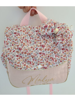 Sac à dos pour entrée en maternelle / crèche personnalisé, coton floral rose et or