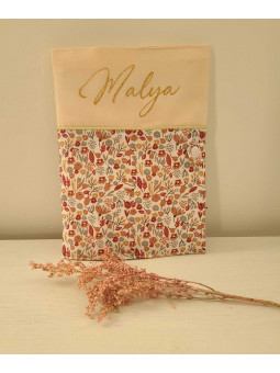 Sac à dos pour entrée en maternelle / crèche personnalisé, coton floral rose et or