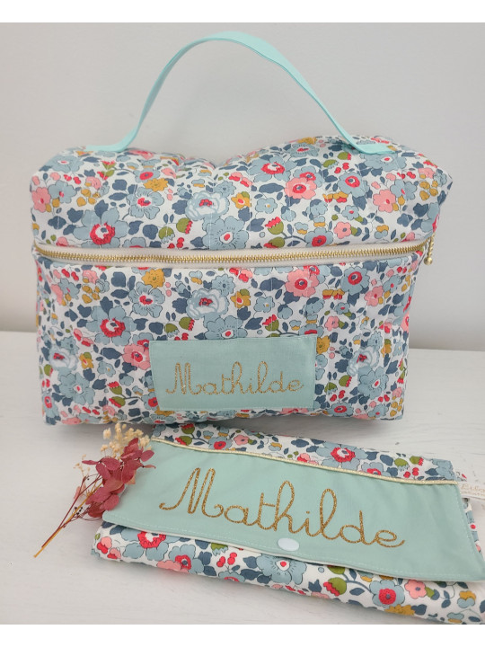 Vanity trousse de toilette personnalisable en liberty Betsy porcelaine matelassé