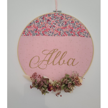 Déco tambour prénom, liberty et fleurs séchées