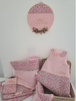 Déco tambour prénom, liberty et fleurs séchées