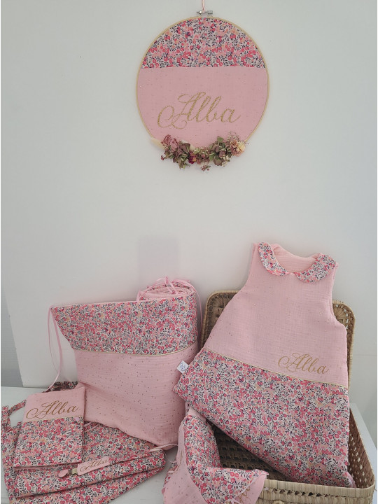 Déco tambour prénom, liberty et fleurs séchées