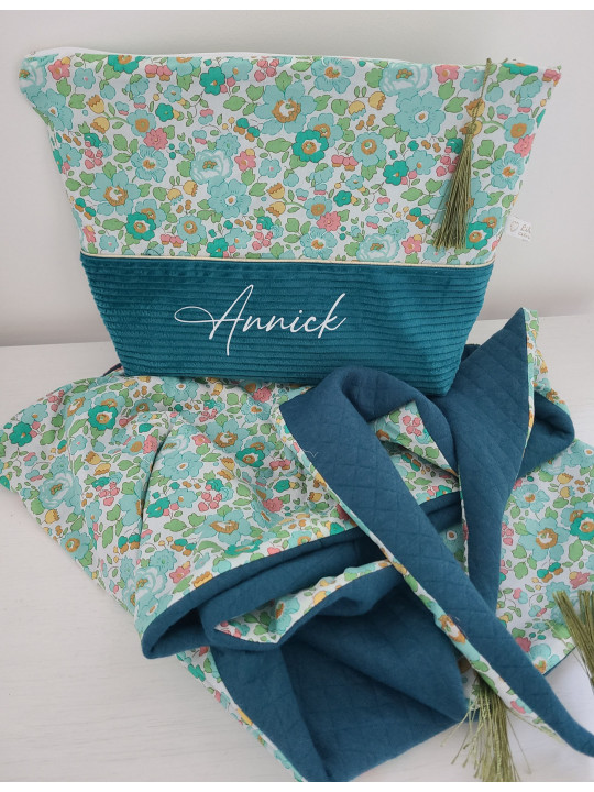 Trousse de toilette personnalisée prénom liberty Betsy émeraude