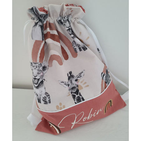 Sac à dos pochon personnalisable pour danse (ou sac goûter...) terracotta thème jungle