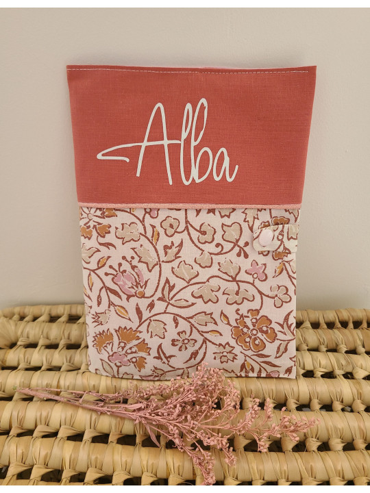 Protège carnet de santé coton floral et coton terracotta personnalisable avec prénom
