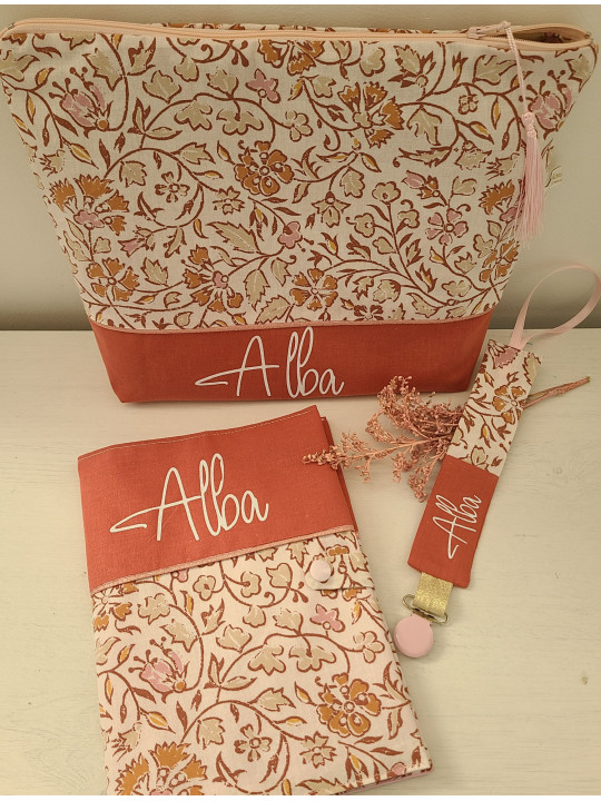 Trousse de toilette personnalisée coton floral terracotta