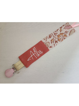 Attache tétine coton floral terracotta personnalisée prénom