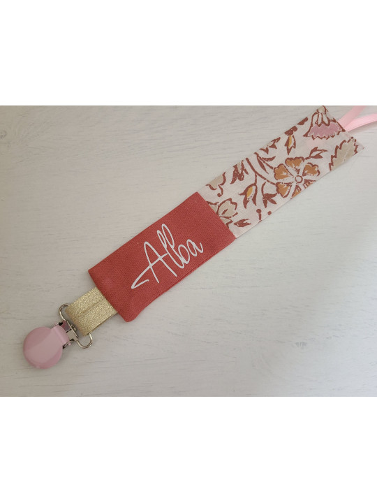Attache tétine coton floral terracotta personnalisée prénom