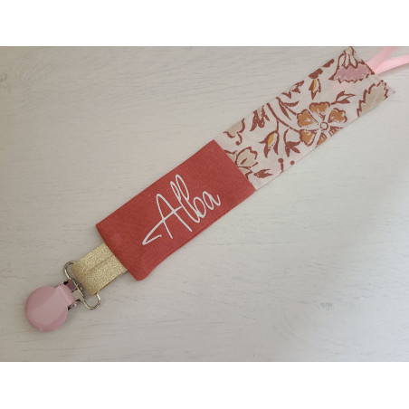 Attache tétine coton floral terracotta personnalisée prénom