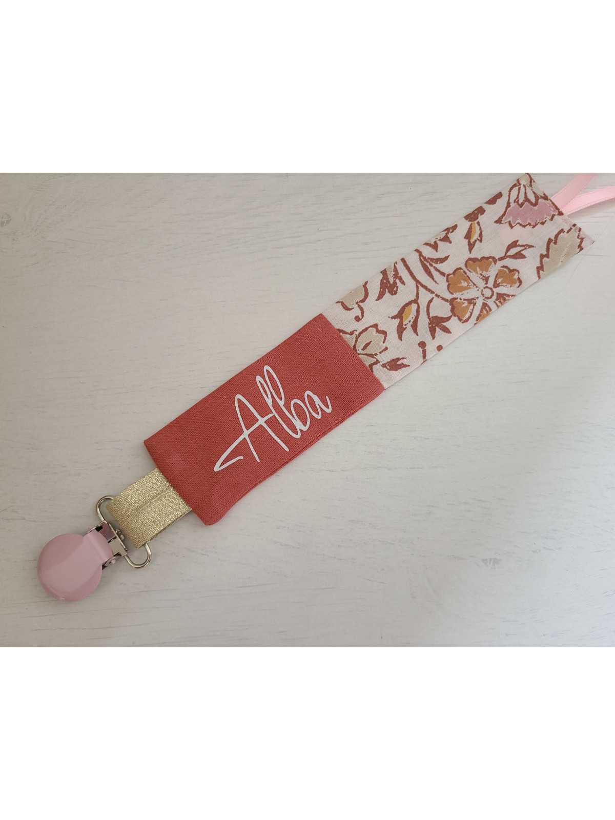 Attache tétine coton floral terracotta personnalisée prénom