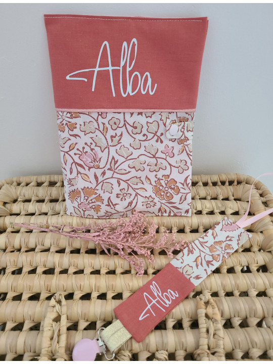 Attache tétine coton floral terracotta personnalisée prénom