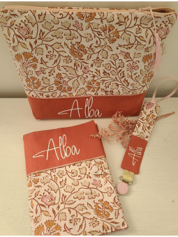 Attache tétine coton floral terracotta personnalisée prénom