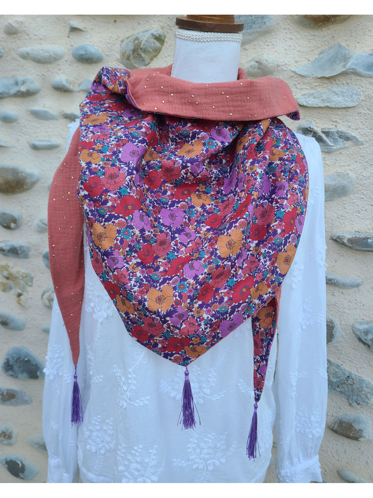 Chèche liberty Meadow song et double gaze terracotta confettis or