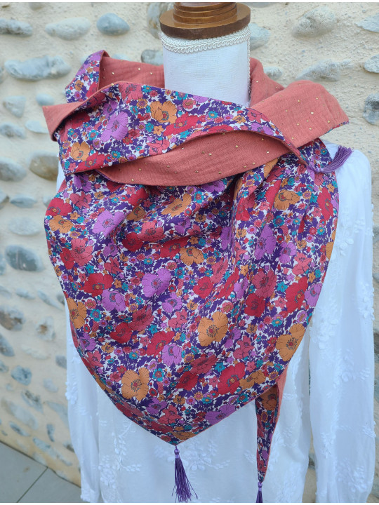 Chèche liberty Meadow song et double gaze terracotta confettis or