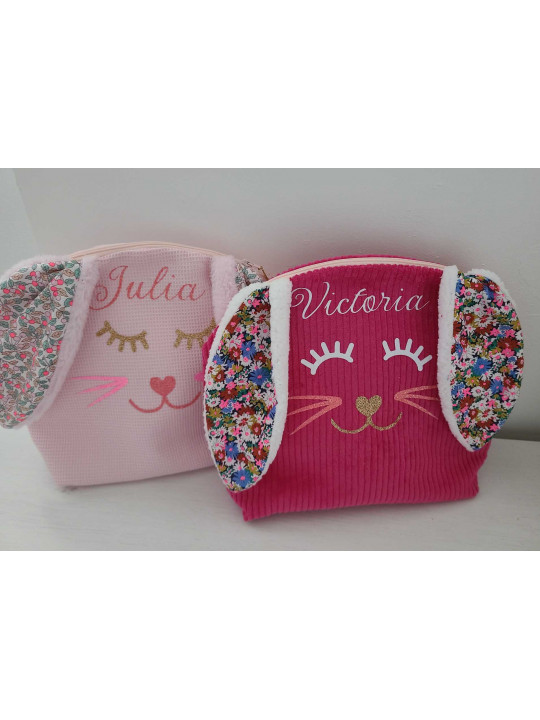 Trousse de toilette lapin personnalisée prénom en nid d'abeille et liberty Colleen