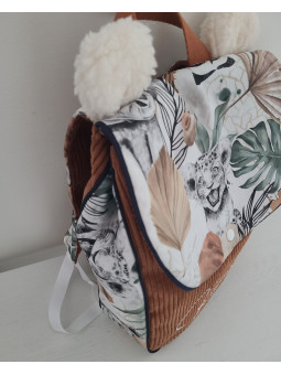 Cartable sac à dos personnalisable velours marron, thème jungle et petites oreilles