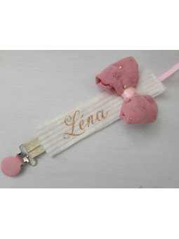 Attache tétine personnalisée en velours, noeud double gaze vieux rose