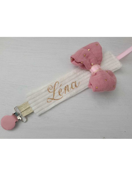 Attache tétine personnalisée en velours, noeud double gaze vieux rose