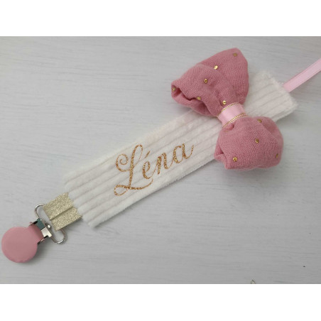 Attache tétine personnalisée en velours, noeud double gaze vieux rose