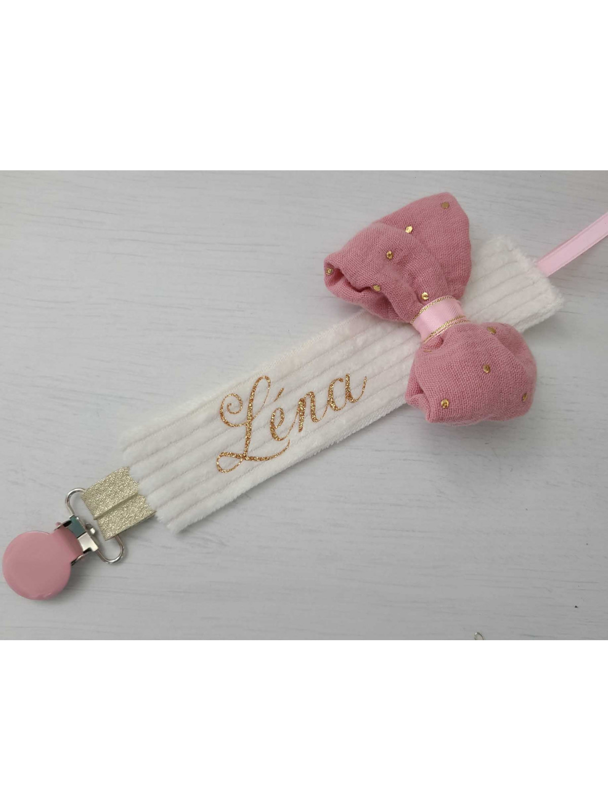 Attache tétine personnalisée en velours, noeud double gaze vieux rose