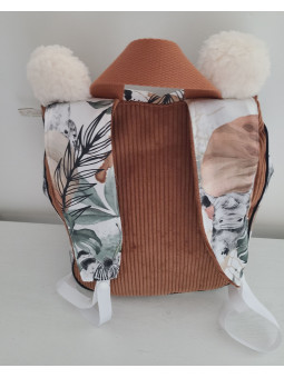 Cartable sac à dos personnalisable velours marron, thème jungle et petites oreilles