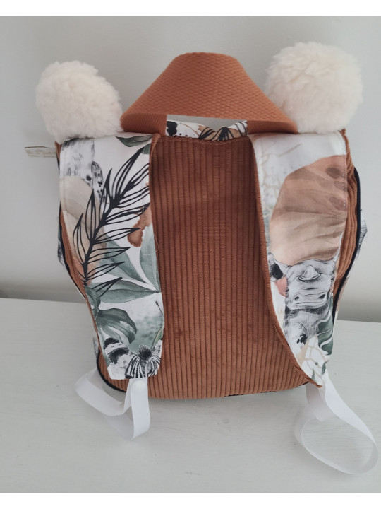 Cartable sac à dos personnalisable velours marron, thème jungle et petites oreilles
