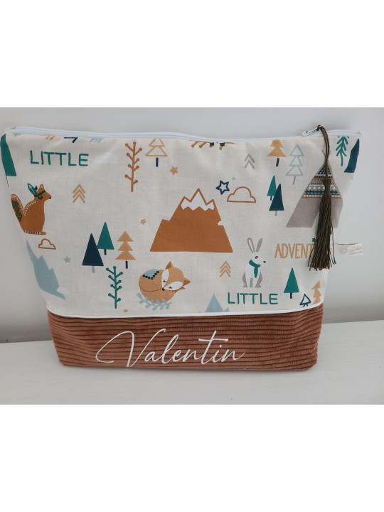 Trousse de toilette personnalisée velours et coton renards pour bébé
