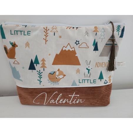 Trousse de toilette personnalisée velours et coton renards pour bébé