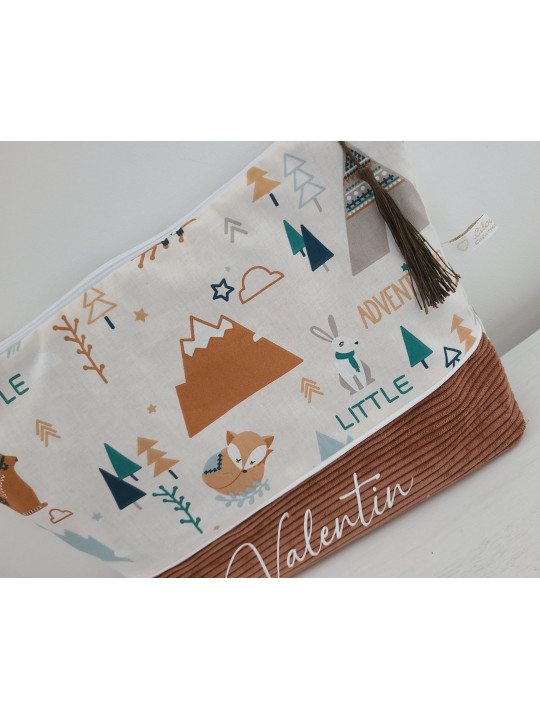 Trousse de toilette personnalisée velours et coton renards pour bébé