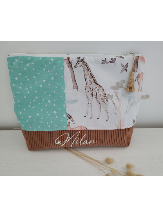 Trousse de toilette personnalisée velours et coton jungle pour bébé