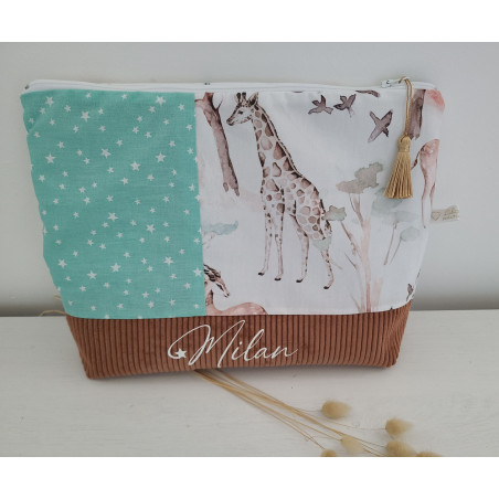 Trousse de toilette personnalisée velours et coton jungle pour bébé