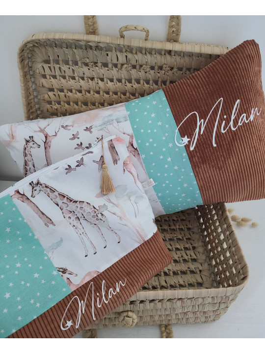 Trousse de toilette personnalisée velours et coton jungle pour bébé