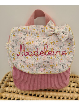 Sac à dos pour entrée en maternelle / crèche personnalisé, coton floral rose et or
