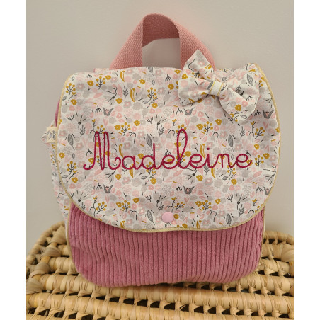 Sac à dos pour entrée en maternelle / crèche personnalisé, coton floral rose et or