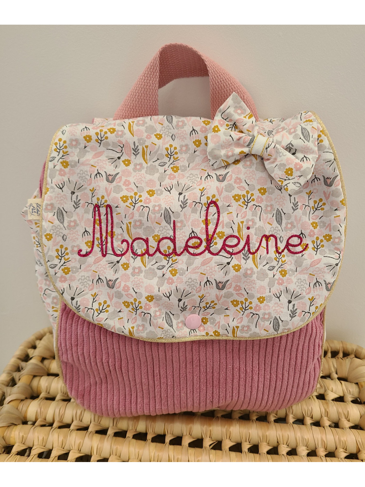 Sac à dos pour entrée en maternelle / crèche personnalisé, coton floral rose et or