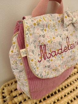 Sac à dos pour entrée en maternelle / crèche personnalisé, coton floral rose et or
