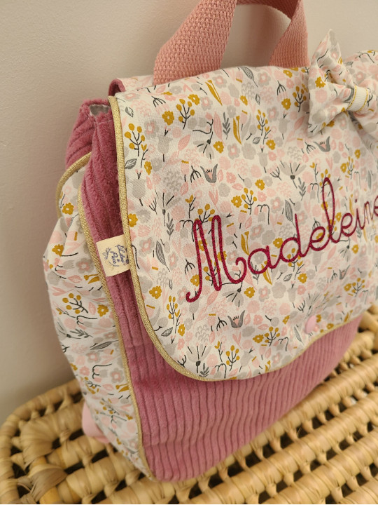 Sac à dos pour entrée en maternelle / crèche personnalisé, coton floral rose et or