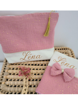 Trousse de toilette double gaze vieux rose, écru et or, personnalisable avec prénom