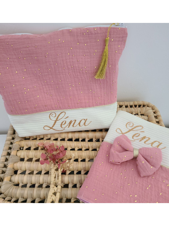 Trousse de toilette double gaze vieux rose, écru et or, personnalisable avec prénom