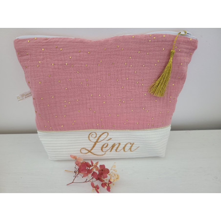 Trousse de toilette double gaze vieux rose, écru et or, personnalisable avec prénom